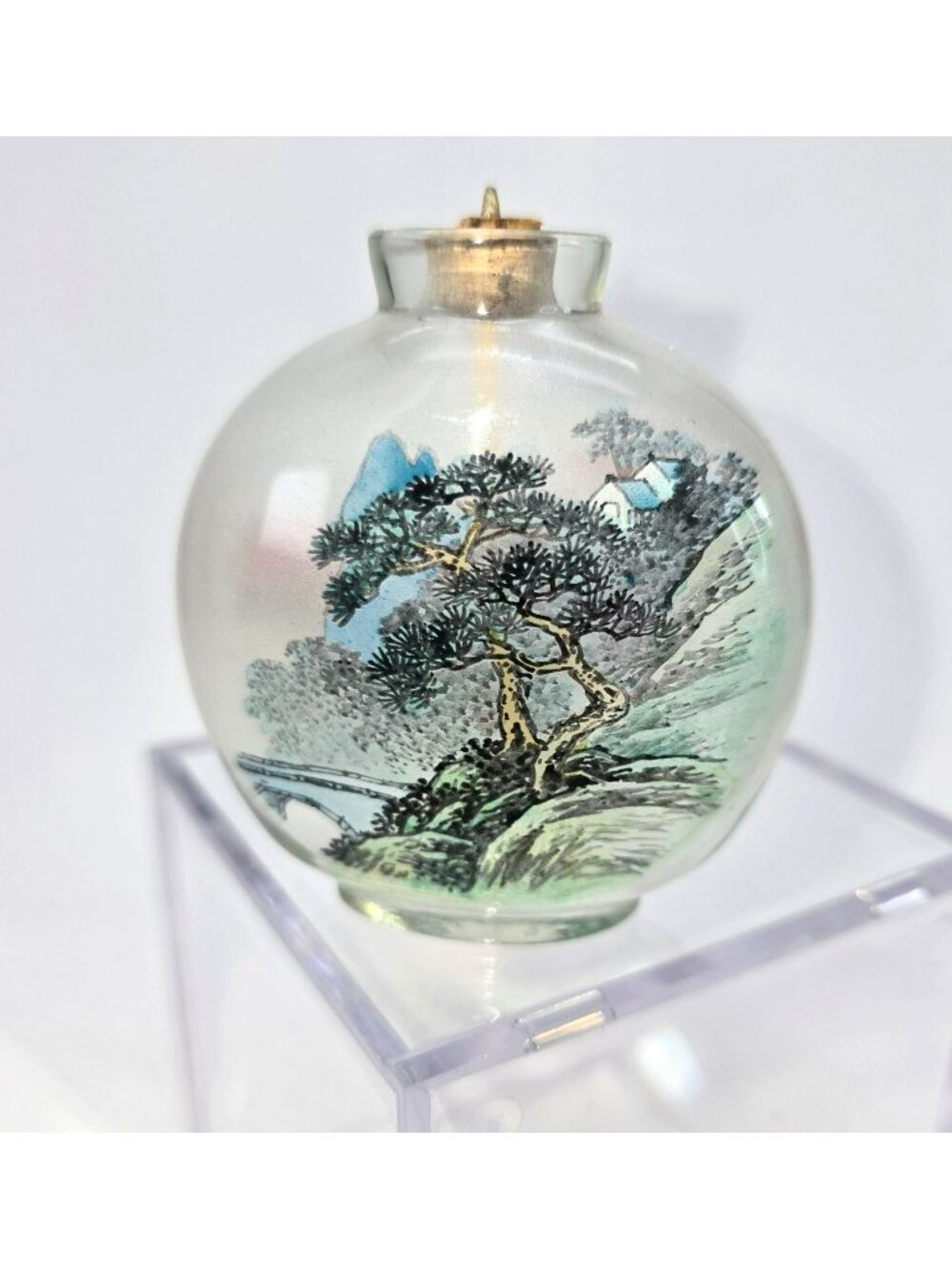 Antique Hand-Painted Chinese Glass Snuff Bottle With Landscape Floral Art je147